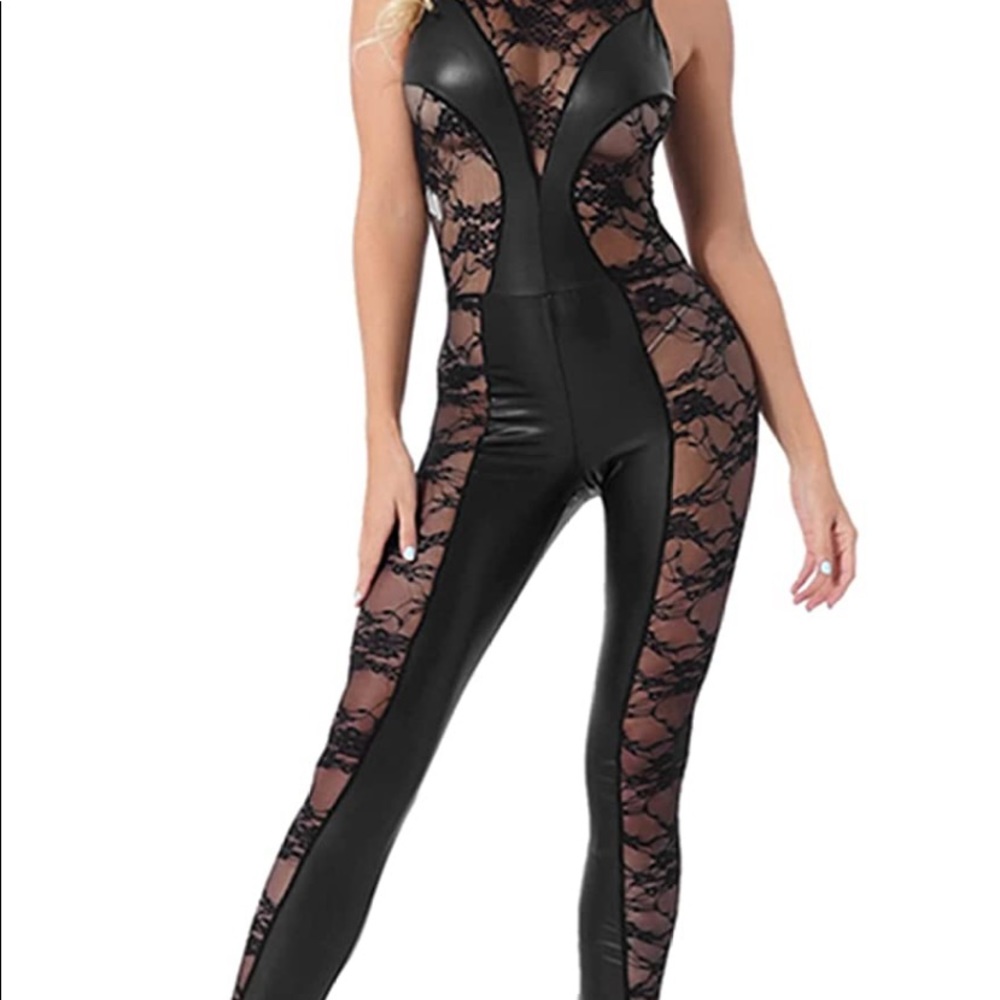 Black Faux leather and lace body on jumpsuit with fitted legs
